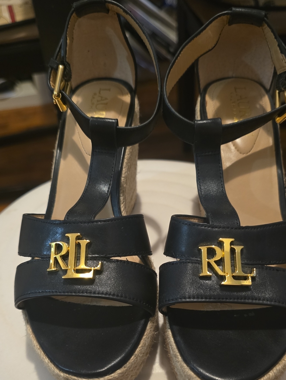 Ralph Lauren Black Leather RL Logo Espadrille Wedge Sandals